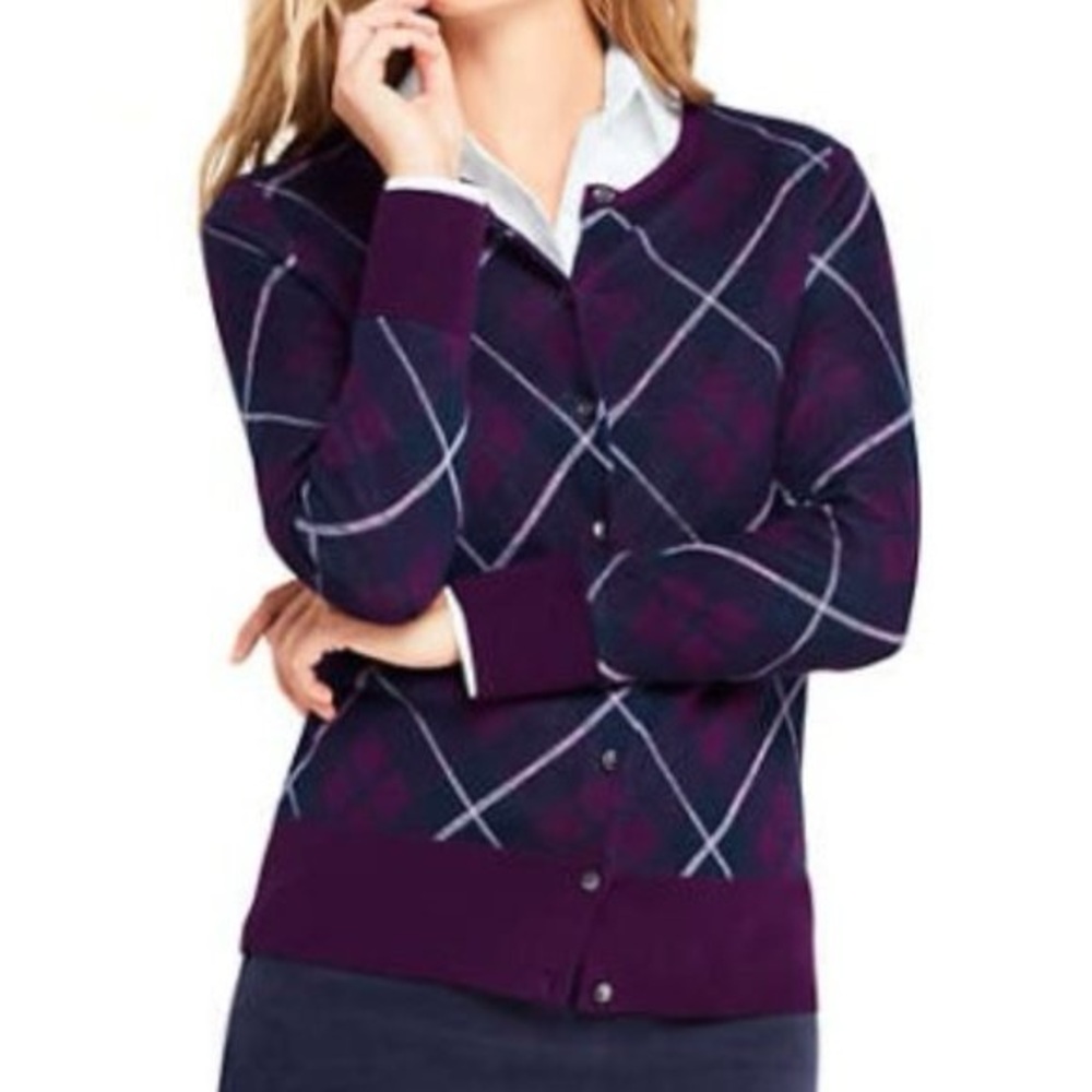 NWT Lands' End Women's Plum Argyle Button Cardigan Sweater Size Large 14-16